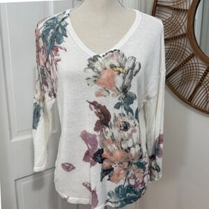 J. Jill Linen Open Knit Sweater MP White Linen Feminine Floral Boho Coastal